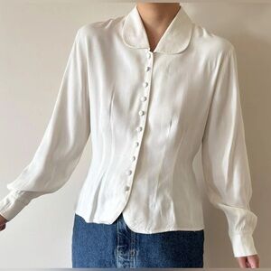 Express Vintage Lapel Cream Button-Up Blouse Top